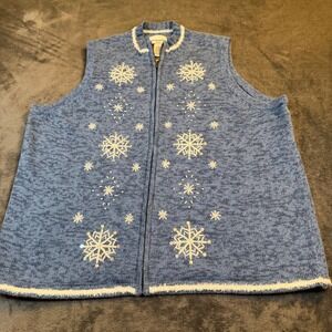 Breckenridge Blue Snowflake Zip Up Sweater Vest Womens Plus Size 1X Sequin Bead